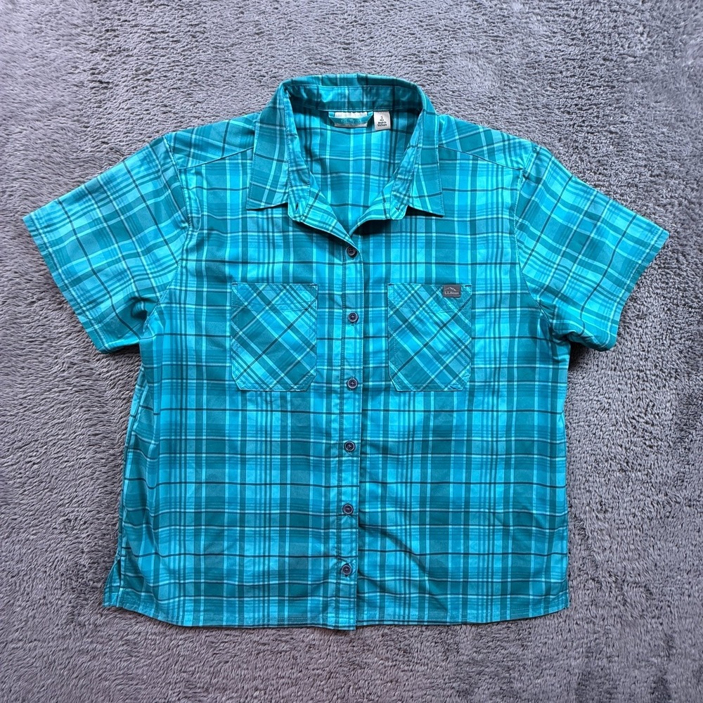 LL Bean Womens Everyday SunSmart Woven Shirt Plaid Blue Button Up S Outdoor